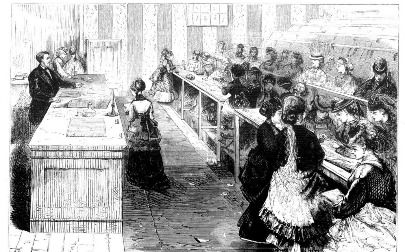 Engraving from 1872: a class at the telegraphy school of the Technological Museum in Melbourne, with the teacher at his desk and the students at theirs
